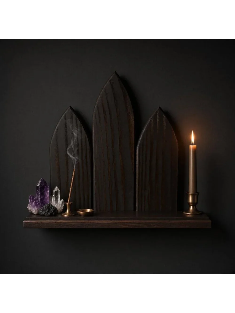 Triple Lancet Gothic Wall Shelf Dark Walnut Altar Ledge Dark Academia Wood Decor